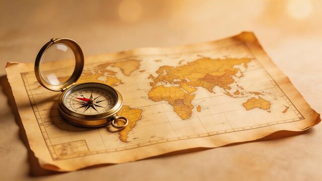 Vintage map and compass on table