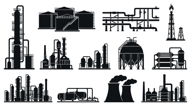 Oil and Gas Petrochemical Industrial Plants  Refinery Silhouettes Vector Glyphs Set