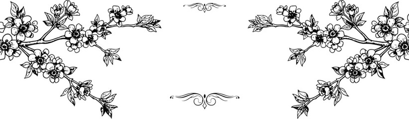 Fototapeta premium Delicate cherry blossom branches with intricate filigree accents in a monochrome sketch style for elegant design