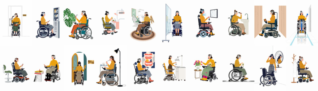 Set of illustrations showing a woman in a motorized wheelchair navigating various daily activities and medical environments utilizing assistive technology and virtual reality.