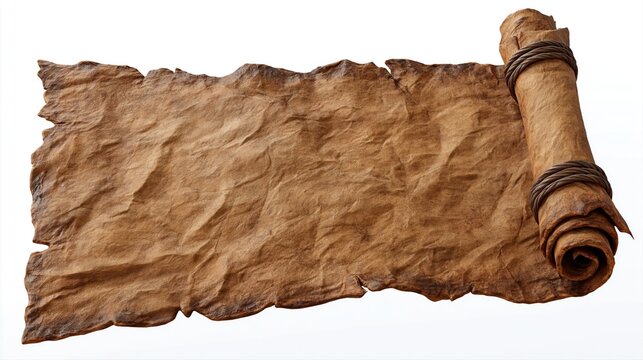 Ancient rolled parchment scroll with torn edges, tied with rustic rope, isolated on white background