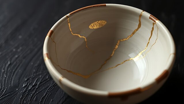 kintsugi. A repaired ceramic bowl using the kintsugi method, golden lacquer on cracks. event programs, museum guides, designed for cultural heritage projects and event programs, preserves heritage.