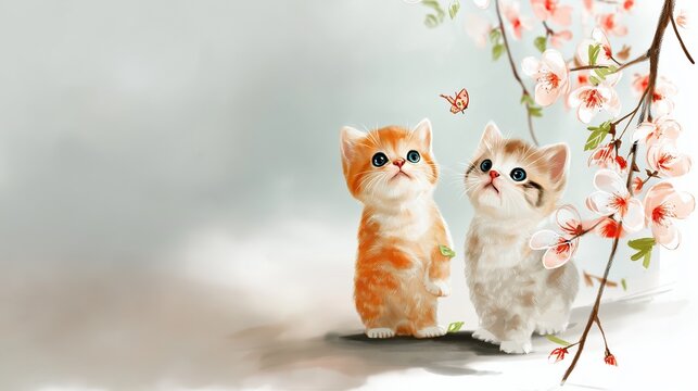 Digital illustration of two kittens looking at a flying butterfly next to pink cherry blossoms. Spring nature concept with orange and white tabby cats. Copy space for text