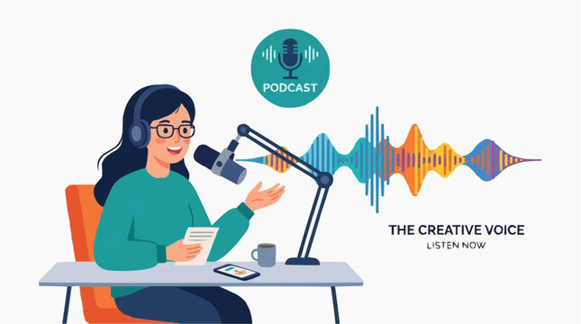A female podcaster records her voice in a studio setting, broadcasting the art of audio creation. Capturing the essence of digital media, broadcasting and media communications.
