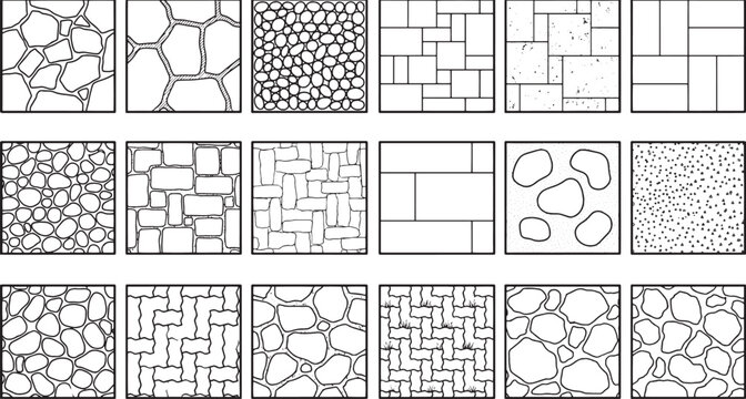 Diverse stone tile pattern designs in black and white, suitable for various design projects. A collection of meticulously crafted, graphic resources suitable for seamless patterns, textures.