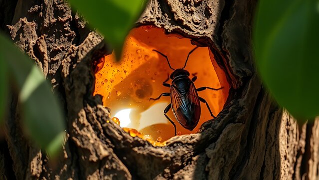 copal. Golden amber copal resin trapped in tree bark containing a preserved insect. gardening catalogs, home-decor guides, designed for home decor and floral branding, used by nutritionists.