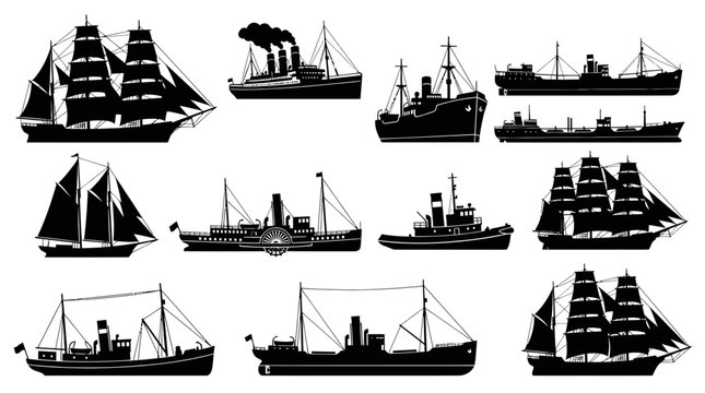 Collection of Ships and Boats Black Silhouettes - Maritime Transportation Vector Art
