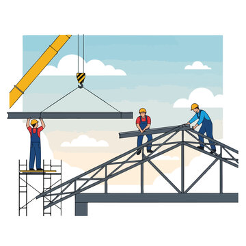 Construction workers installing steel beams on a building structure with a crane lifting heavy materials at a construction site