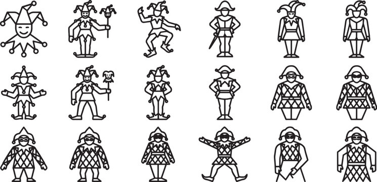 Collection of vector graphics of comical jesters in various poses and costumes, showcasing their playful and whimsical nature.