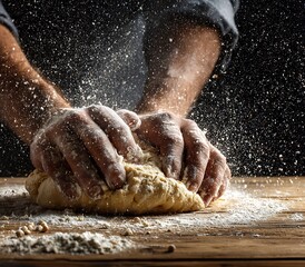 Fototapeta premium Man preparing bread dough on wooden table in a bakery