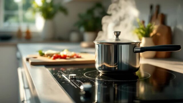 Steaming pot on modern kitchen stove with fresh vegetables