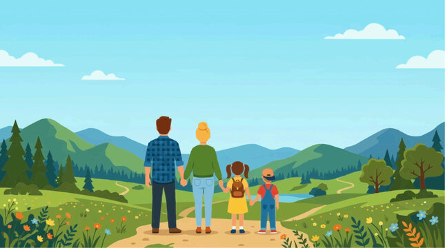 A family with two children enjoys a scenic walk through the mountains. Capture the essence of unity and exploration in this vibrant illustration.
