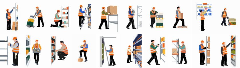 Obraz premium Collection of flat vector illustrations depicting warehouse workers in high-visibility vests performing various logistics, stocking, and inventory management tasks in a storage facility.
