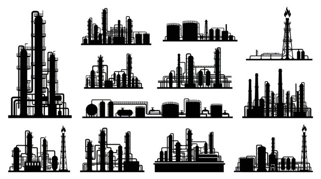 Industrial Oil  Gas Refinery and Chemical Plant Silhouettes - Manufacturing Vector Graphic Collection