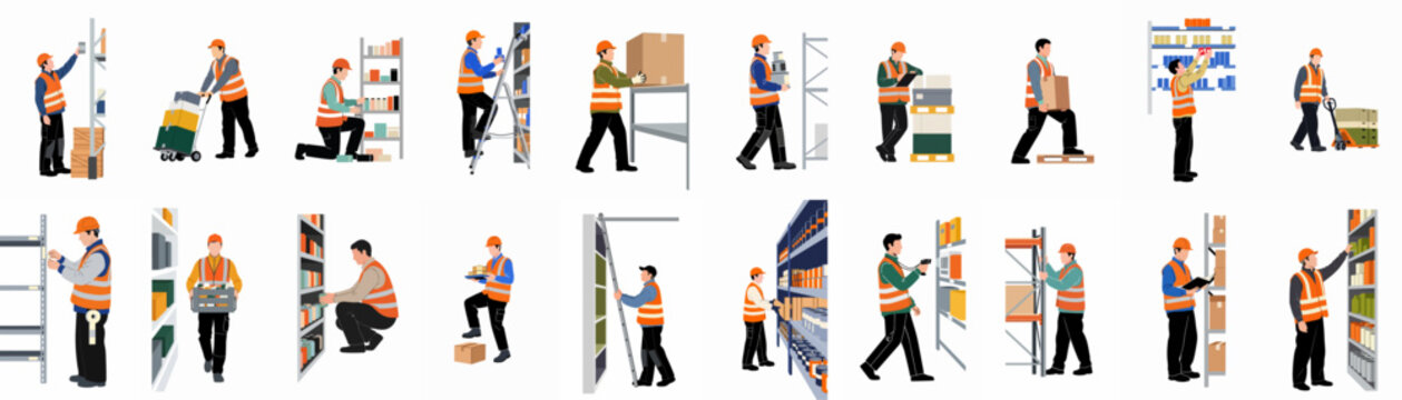 Collection of flat vector illustrations depicting warehouse workers in high-visibility vests performing various logistics, stocking, and inventory management tasks in a storage facility.