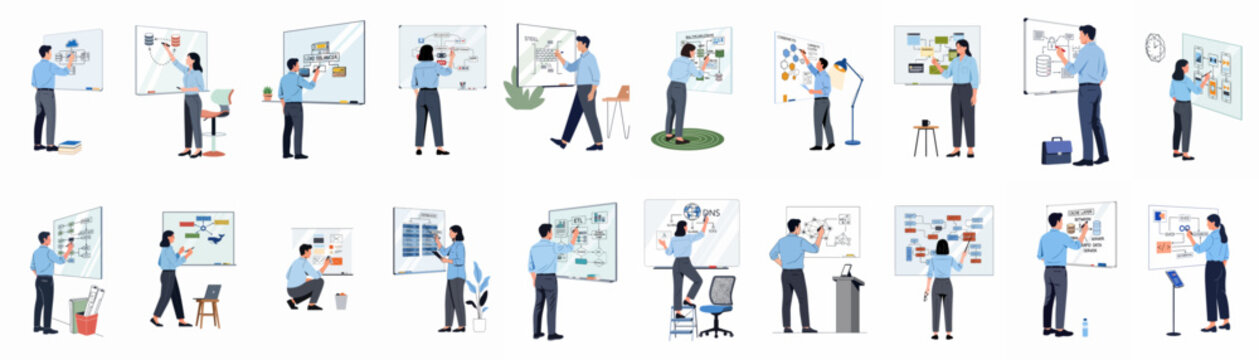 Set of diverse IT professionals drawing technical system architecture diagrams and cloud infrastructure flowcharts on whiteboards in a flat vector illustration style.