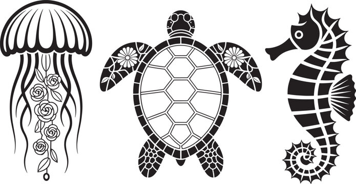 Marine life silhouette collection featuring jellyfish sea turtle and seahorse with floral patterns.