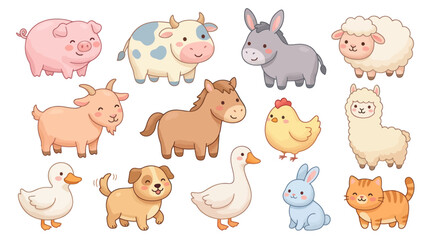 Obraz premium Cute Cartoon Farm Animals Set - Adorable Hand-Drawn Vector Illustration for Children