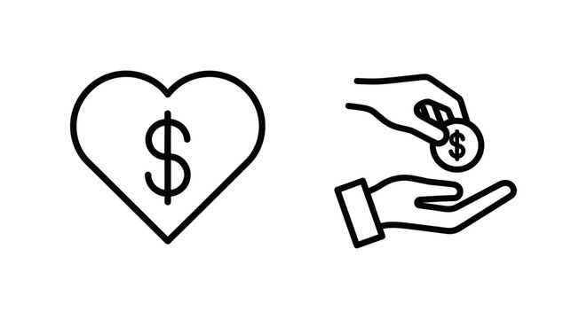 Donation and revenue black outline icons with heart and dollar sign and hands exchanging money donation financial currency economic minimalist philanthropy contribution assistance investment
