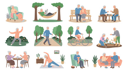 Fototapeta premium Elderly People Enjoying Retirement Activities, Senior Lifestyle Flat Design