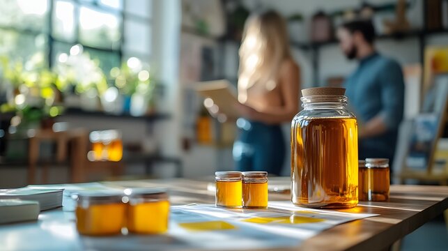 A close-up view of a wooden table with jars of golden honey and documents spread out, while two people in the background discuss business strategies in a bright modern office setting.