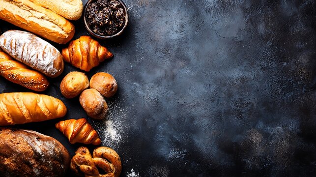 Assortment of fresh baked bread on dark background. White and rye bread, buns with copy place