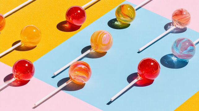 Colorful lollipops arranged on bright backgrounds during daytime