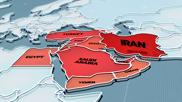 A modern 3D-style political map of the Middle East highlighting countries like Iran, Saudi Arabia, Iraq, Turkey, Israel, Yemen, the United Arab Emirates, Oman, Bahrain, Qatar, Syria, Jordan, EGYPT,  S