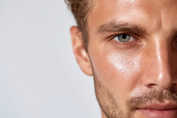 Naklejka premium Close up portrait of hydrated male skin with soft light, visible pores and subtle stubble conveying natural confidence and healthy complexion