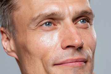 Obraz premium Close up male face smooth skin hydration soft glow blue eye light smile contemplative expression
