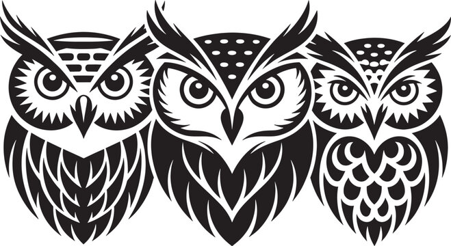 Three wise owls stencil group with diverse feather patterns and intense staring eyes vector design.