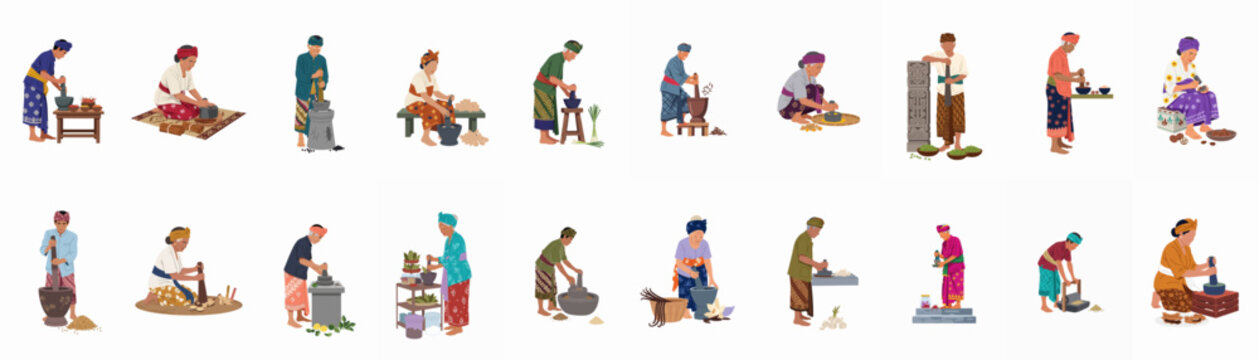 Collection of Balinese People in Traditional Attire Grinding Spices and Ingredients Using Mortar and Pestle Flat Vector Illustration