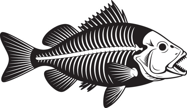 Xray fish skeleton illustration showing detailed bone structure and sharp teeth in predatory profile.