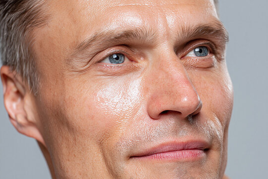 Close up male face smooth skin hydration soft glow blue eye light smile contemplative expression