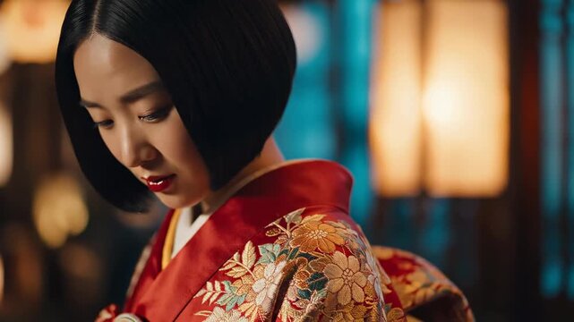 Beautiful young Japanese woman wearing a traditional red silk kimono during a night festival.