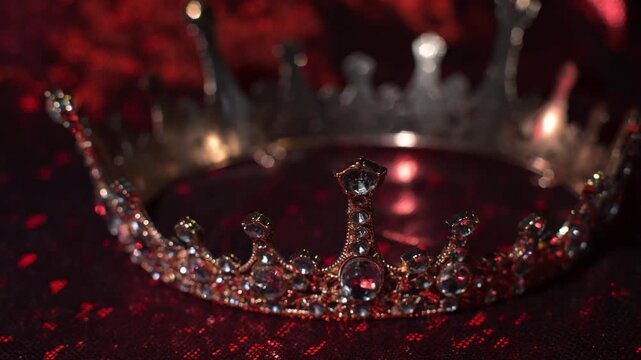 Refined golden crown with gemstones on red textured background, symbol of luxury and high status.