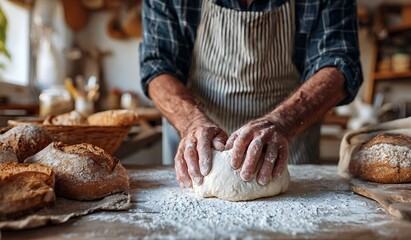 Fototapeta premium hands of baker's male knead dough