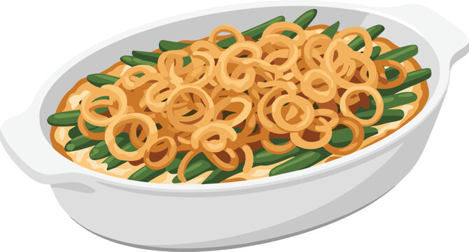 Delicious green bean casserole with crispy onion rings