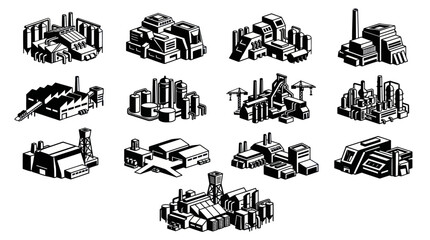 Obraz premium Manufacturing Industry Factory Isometric Black White Icon Set