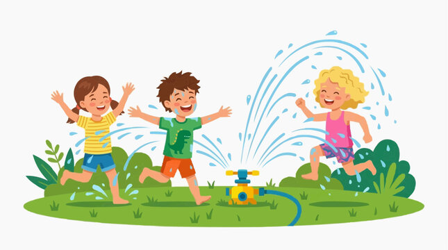  Playful children joyfully frolic beneath the refreshing spray of a lawn sprinkler, radiating pure summertime bliss.