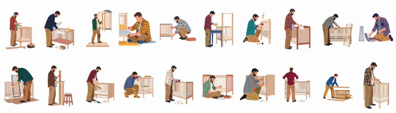 Collection of illustrations featuring men in plaid shirts assembling, repairing, and cleaning wooden baby cribs using various hand tools for a nursery.