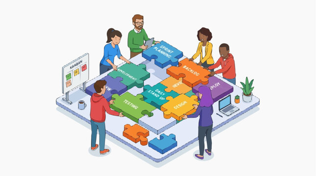 A collaborative team intricately piecing together the vibrant jigsaw puzzle of a collective goal, showcasing cooperation and shared endeavor in a photorealistic illustration of business acumen.