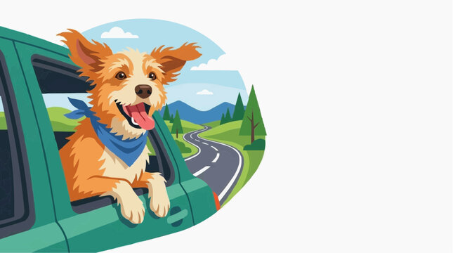 An illustration of a cheerful corgi dog enjoying a road trip, with its head and ears out of a car window, surrounded by the nature and the highway.