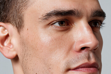 Fototapeta premium Close up male face cheek catching gentle light brown eye strong eyebrow natural skin texture thoughtful expression