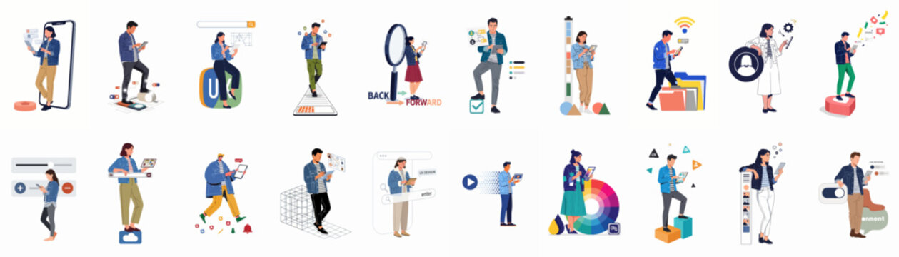 Collection of flat vector illustrations depicting UI UX designers and developers interacting with various digital interface elements, mobile apps, and creative design tools.