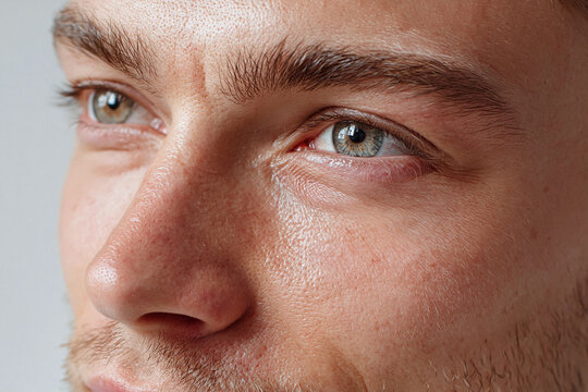 Close up male face under soft natural light showing textured skin, green eye, eyebrow detail and subtle stubble with calm expression