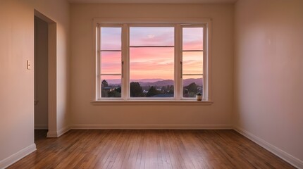 Fototapeta premium Empty Room Interior with Classic Window and Beautiful Sunset Sky View Vibrant Pink and Orange Clouds Over Mountain Horizon Warm Evening Light on Wooden Floor Real Estate Photography