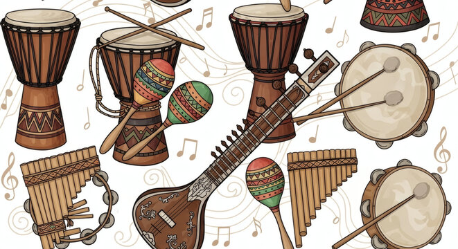 Seamless pattern of world musical instruments in hand drawn style. African drums, sitar, maracas, pan flute and tambourine arranged in balanced composition, cultural diversity theme, clean background