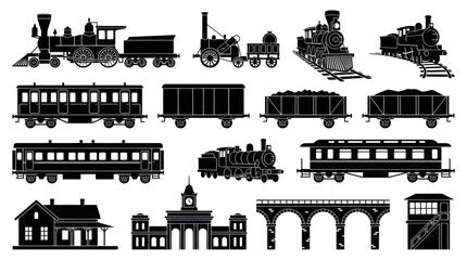 Obraz premium Vintage Railway Transport Silhouettes Set: Steam Trains, Carriages, Station Bridge Icons