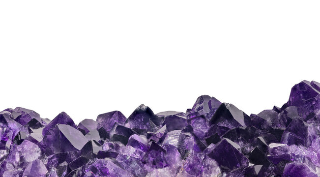 dark large violet crystals stripe of amethyst on white background